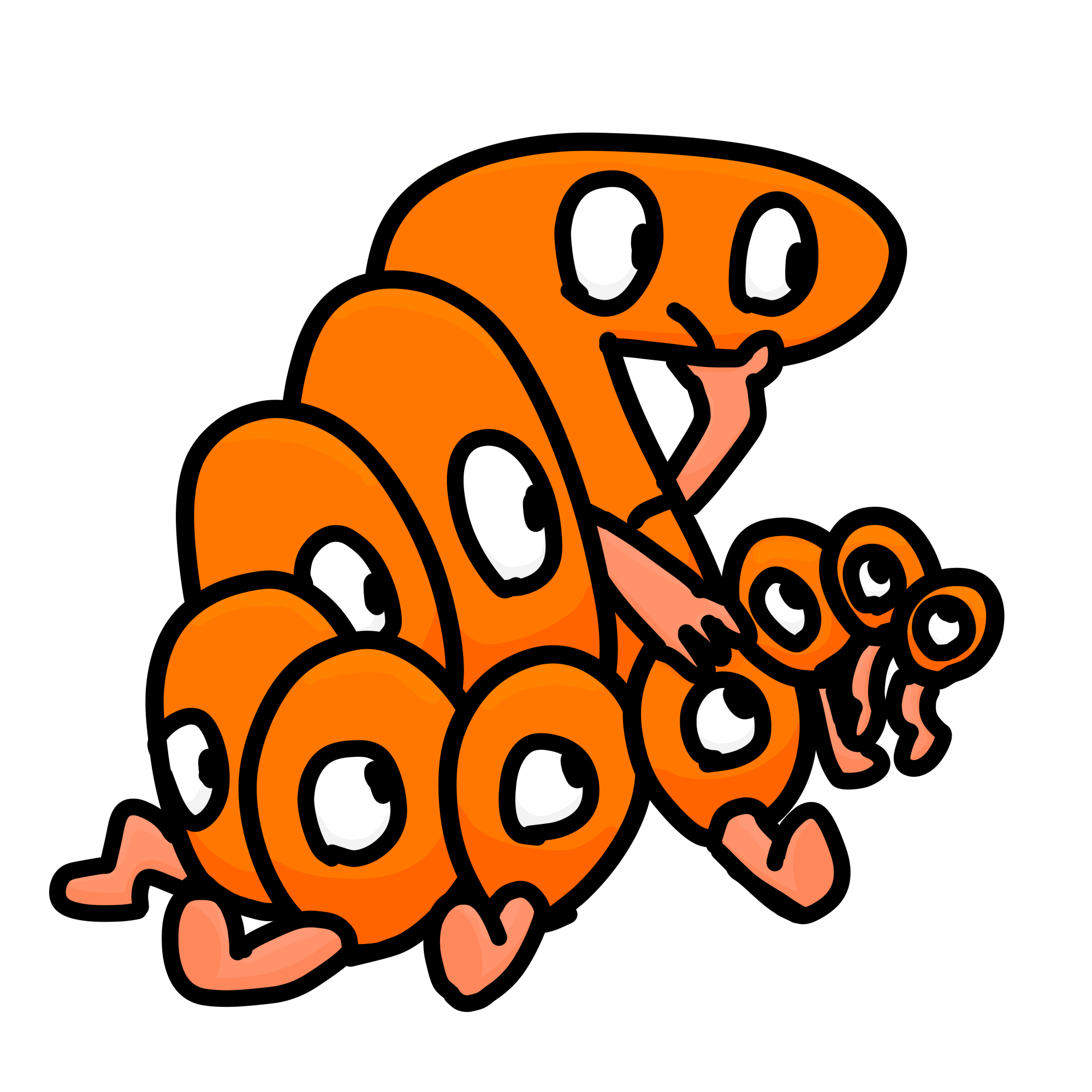 7 Billion. It is an orange algebralien with light scarlet limbs. It has two arms on its seven, two legs on its seven, and one leg on the bottom of every zero. Its seven also has two mouths, one on the horizontal part of the seven, and one in the middle of the diagonal part. It has two visible eyes on the horizontal part of the seven, and one eye in the center of every zero it has. Its zeroes (and the features on said zeroes) get smaller down its body, with the last three being the smallest. It is sitting, and its zeroes are curled inwards. It is looking into the distance while holding its seven with one hand and its sixth zero in the other. It has a black outline, and its eyes are cartoonish with white sclera. The image has a white outline like a sticker.
