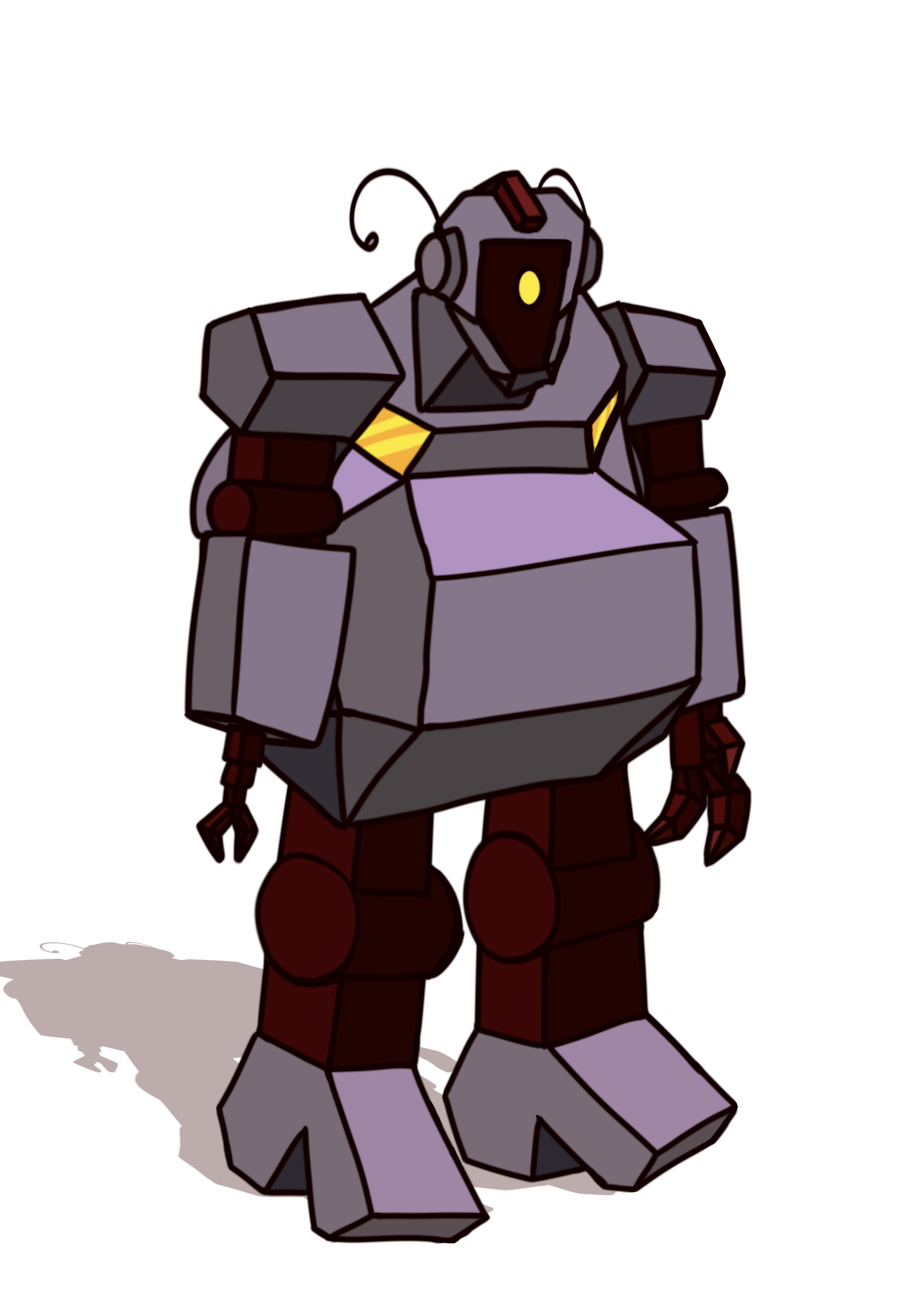 Cold Cut. A cybertronian, also known as a transformer. They're body is grey, with red parts. The red parts are their legs and knees (sans their feet, which are grey), their upper arms and hinge-like parts that'd act as elbows, their hands/claws, and their face. Their face has no features apart from one yellow eye in the upper middle, and they have antennae that droop backwards from round disc-like parts on the sides of their head, one on the left, the other on the right. The top of their head has a part sticking out, which is also somewhat red. They have a slightly long head, and the dark area with their eye in it is framed by the grey metal bits. They have a sort of ''dadbod'', with a slight hunchback. On the upper part of their body, their are two shiny yellow squares. one on one side, one on the other. Their feet look kind of like high heels or boots, but more simplified and wide. Their left hand (on our right) is a three-fingered claw with two long pointed fingers and a smaller pointed thumb on the side. Their right hand (on our left) is a small claw, akin to those found in claw machines. This claw has two parts the same size adjacent to eachother, and three parts connecting it to the forearm (which allow it to extend!). They have a reddish slightly transparent shadow behind them.